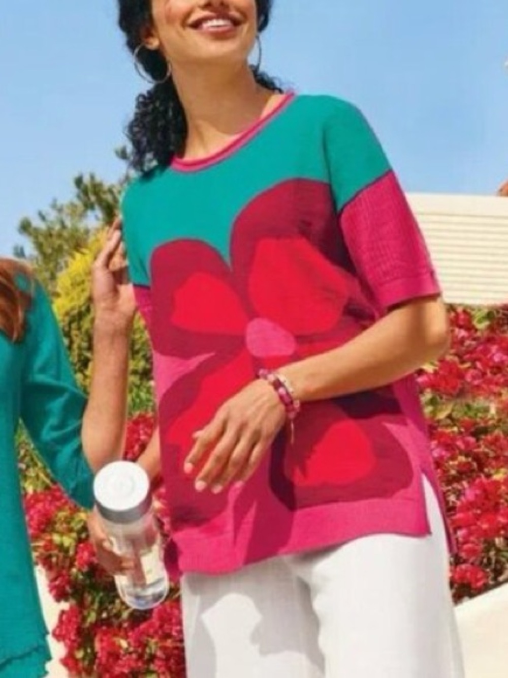 Soft Surroundings Biosphere Floral Bright Casual Light Short Sleeve Knit Sweater